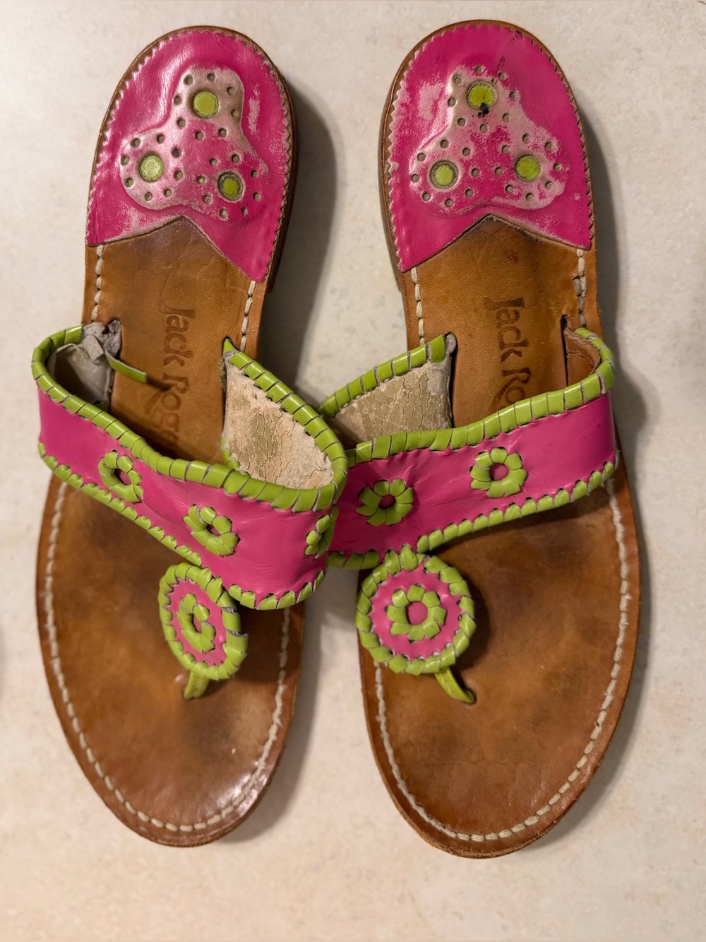 Jack Rogers Pink and Lime Floral Leather Thong Sandals